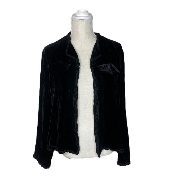 Chico’s Silk Blend Velvet Cardigan Style Jacket With Ruffle Detail - Picture 2 of 14